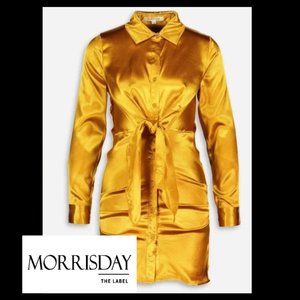 BESPOKE Glamourous Gold Satin Short Shirt Dress Women's Size Large Front Tie